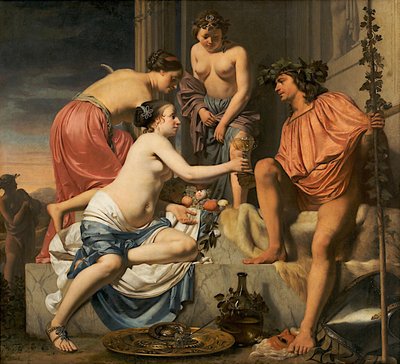Bacchus on a Throne, Nymphs Offering Bacchus Wine and Fruit by Cesar Boetius van Everdingen